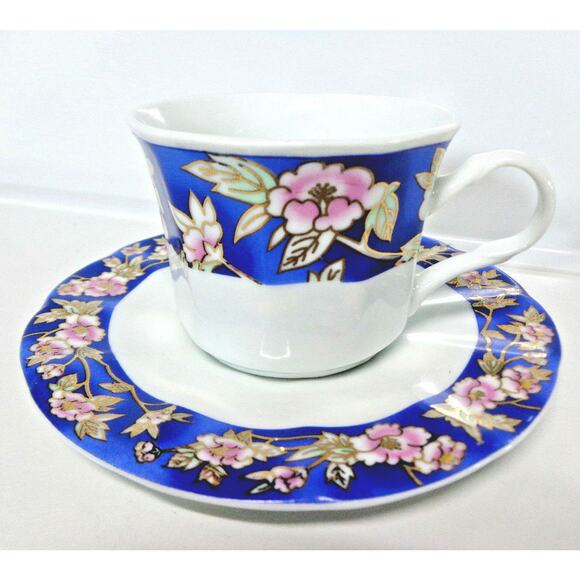 VTG Blue White 6oz DEMITASSE Espresso TEA CUP & SAUCER Pink Gold Floral TR Mark - Picture 8 of 8